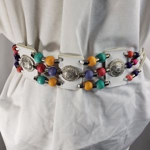 Designer Western Style White w/Multi  Leather Wooden Bead Accents Belt
